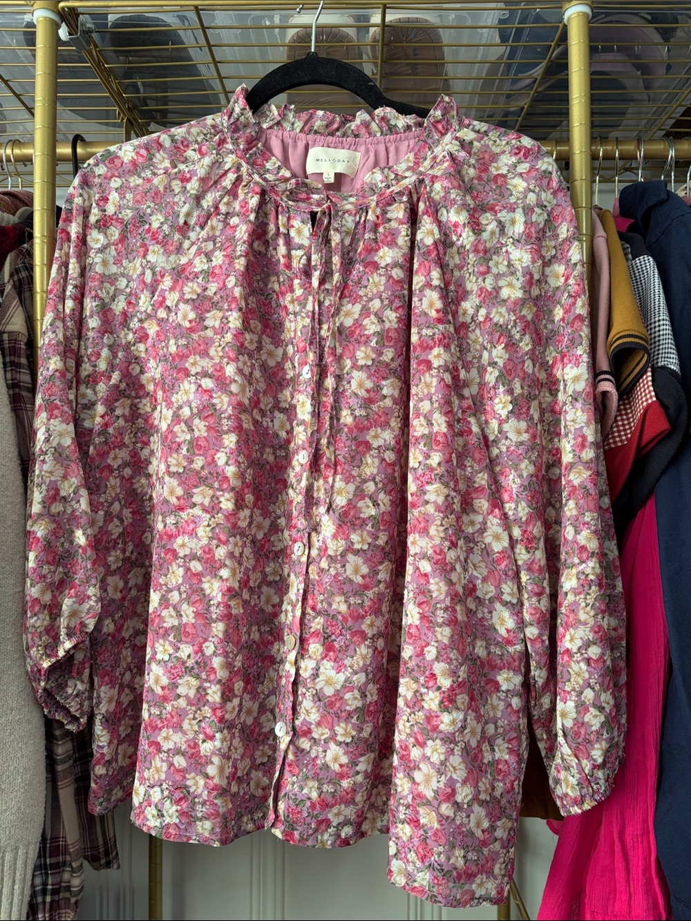 Floral Pink Button-Front Peasant Blouse